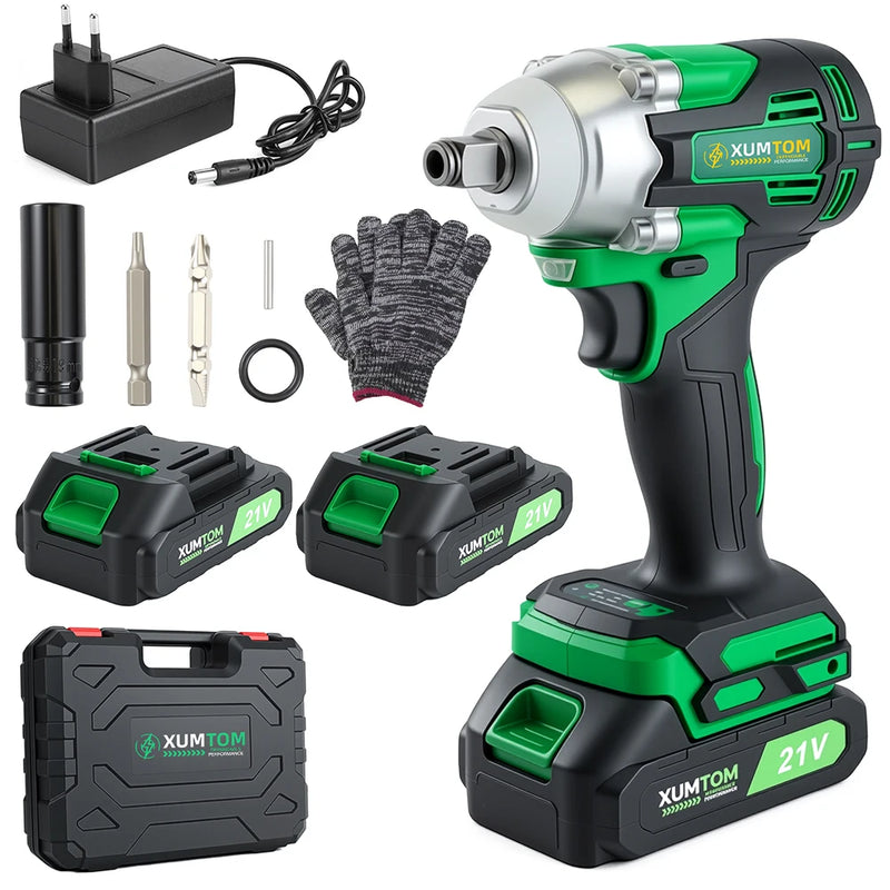 Chave de Impacto Elétrica Sem Fio 21V 450Nm com Motor Brushless, 2 Baterias e Maleta