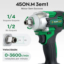 Chave de Impacto Elétrica Sem Fio 21V 450Nm com Motor Brushless, 2 Baterias e Maleta